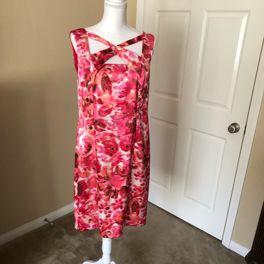 A satiny floral short dress